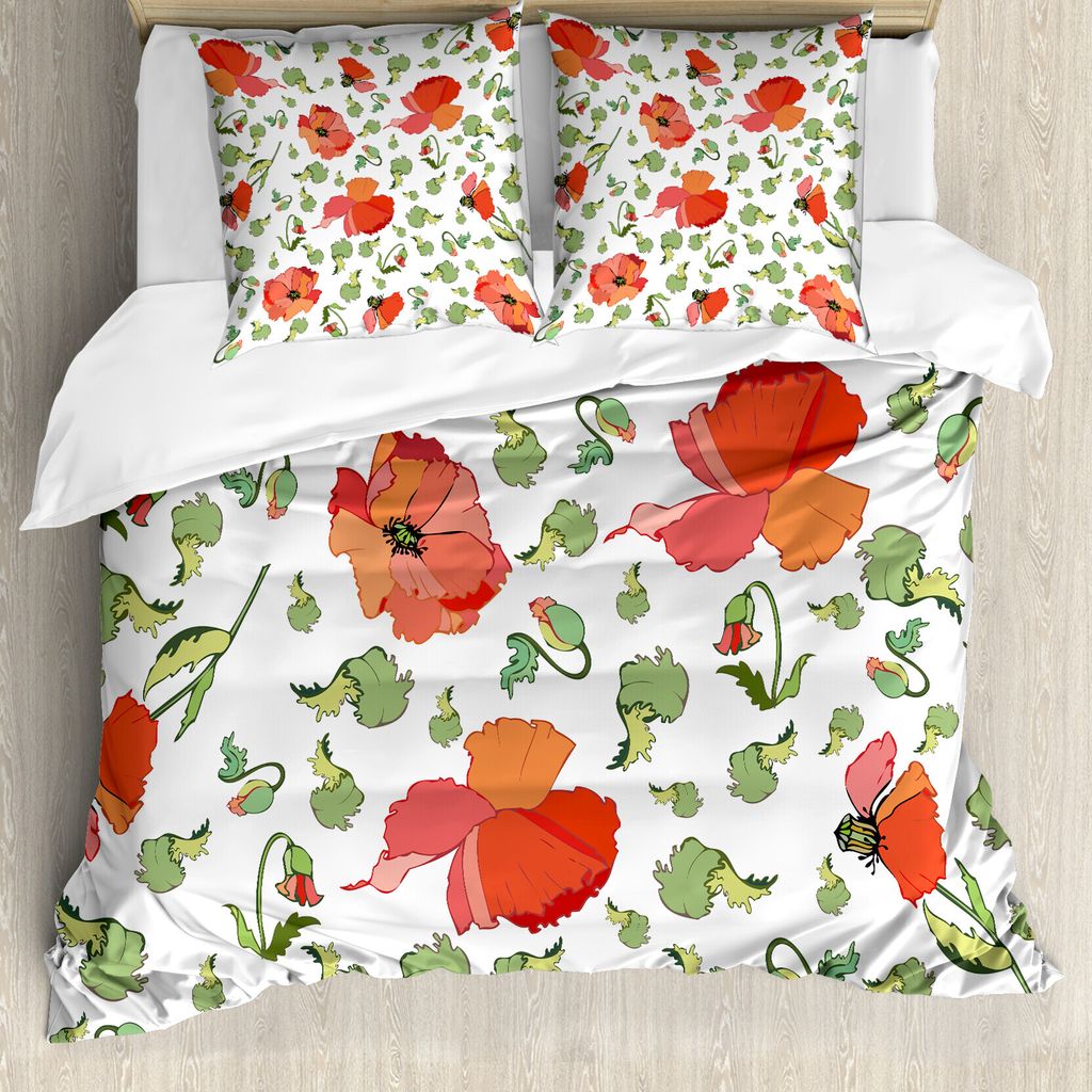 ABAKUHAUS Mohn Bettbezug, Verstreute Knospen und Vorbauten, Milbensicher Allergiker geeignet mit Kissenbezügen, 200 cm x 200 cm - 80 x 80 cm, Verm...