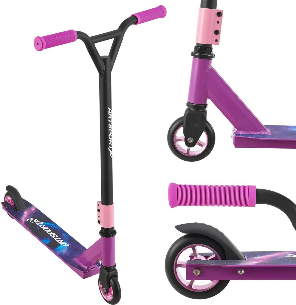 ArtSport Stunt Scooter Galactic Cruiser - Trick Roller für Kinder & Jugendliche - 360° Lenker, 100 mm Alu Räder - Tretroller Lila Schwarz