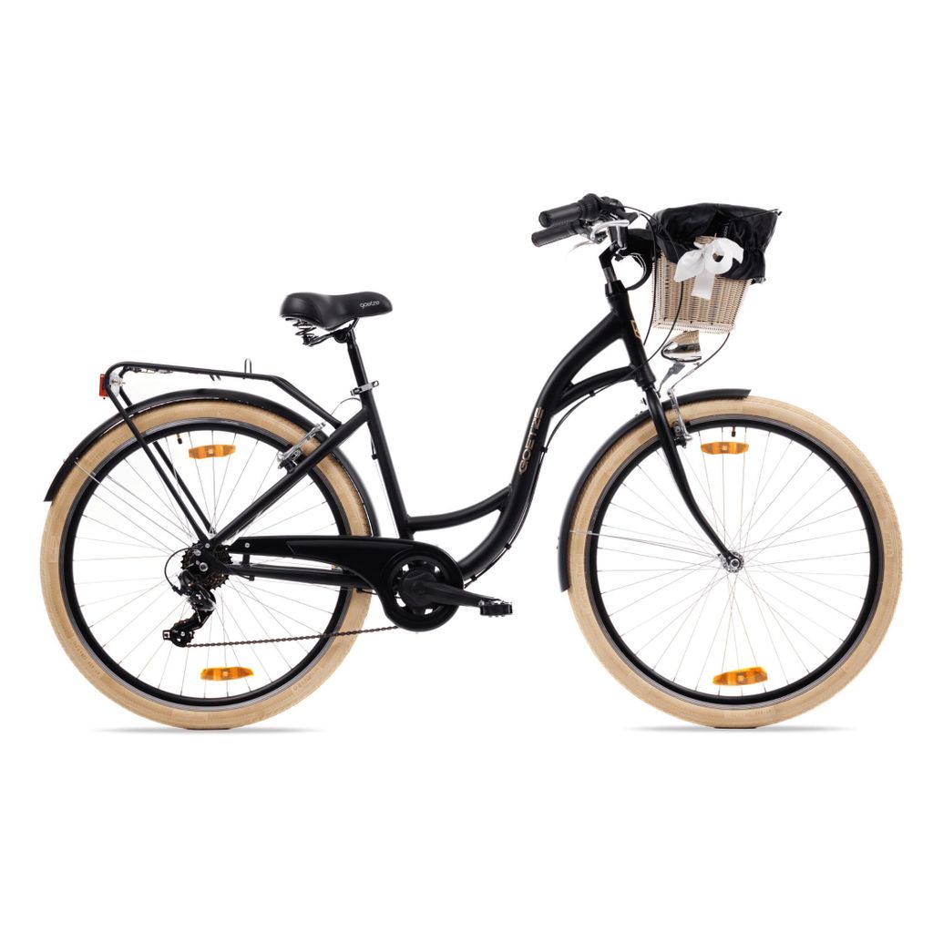 Goetze Mood 28 Zoll City Bike, 18 Zoll ALU Tiefeinsteigerrahmen, 7-Gang Shimano, V-Bremse, LED-Beleuchtung, Komfortsattel, Rattankorb
