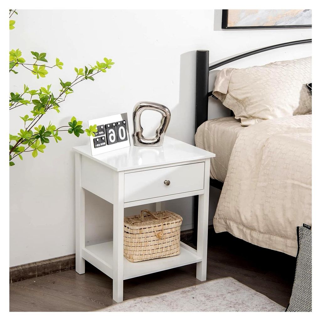 Nachttisch Beistelltisch mit Schublade und offenem Regal für Wohnzimmer und Schlafzimmer (weiß)