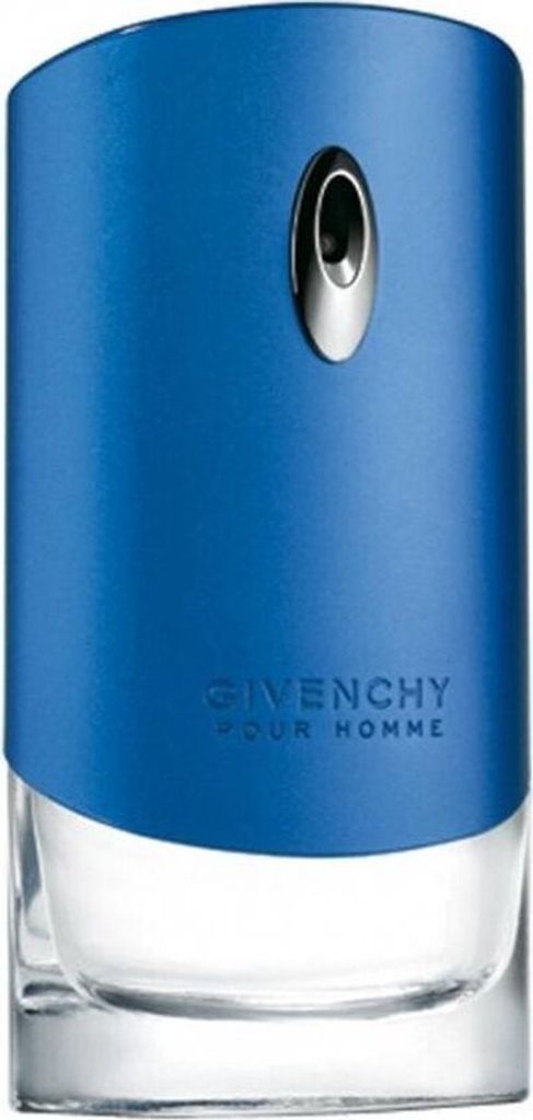 A close-up studio shot of a blue and clear glass bottle of Givenchy Pour Homme Blue Label eau de Toilette.