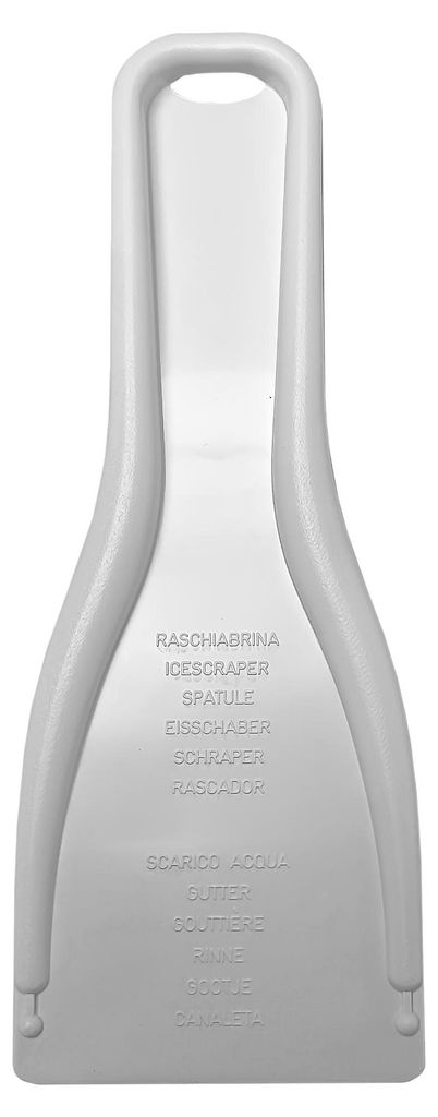 A white ice scraper is shown against a white background.