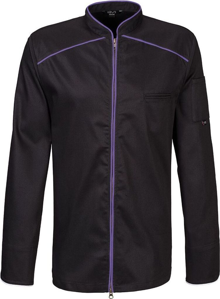 Kochjacke langarm, 2-wege RV, Fb. schwarz, Paspel purple, Produktbild 