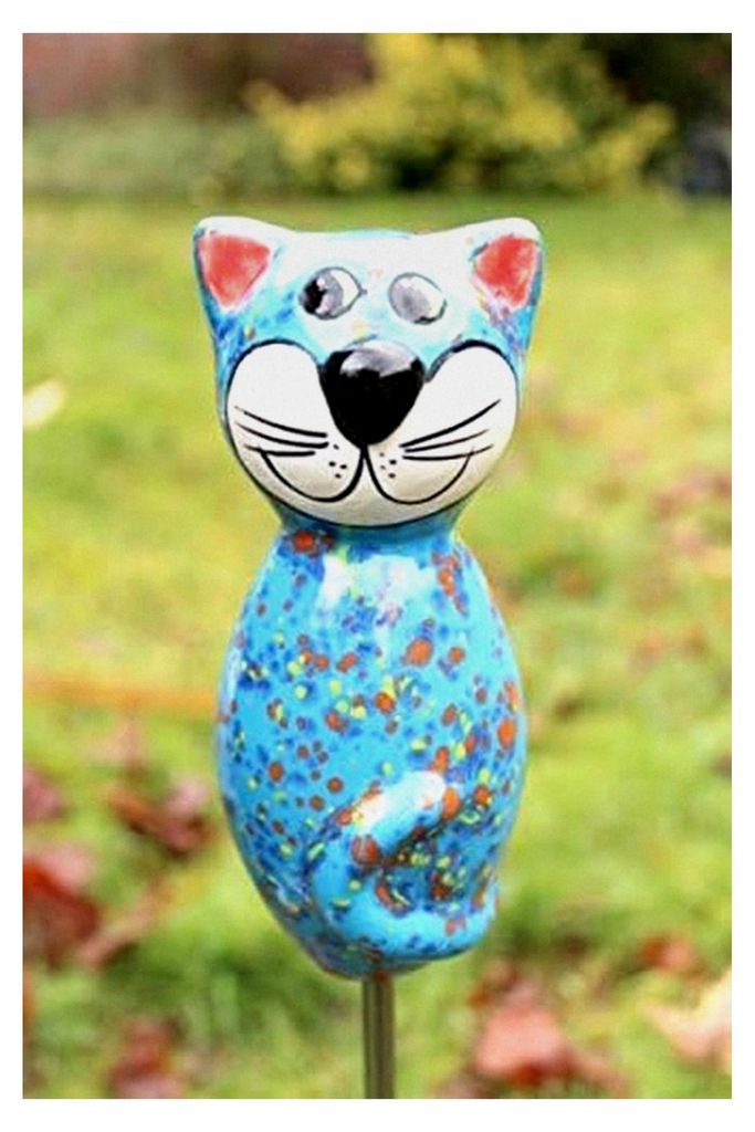 Keramikkatze - mittelblau – ca. 17 cm hoch – Gartenstecker