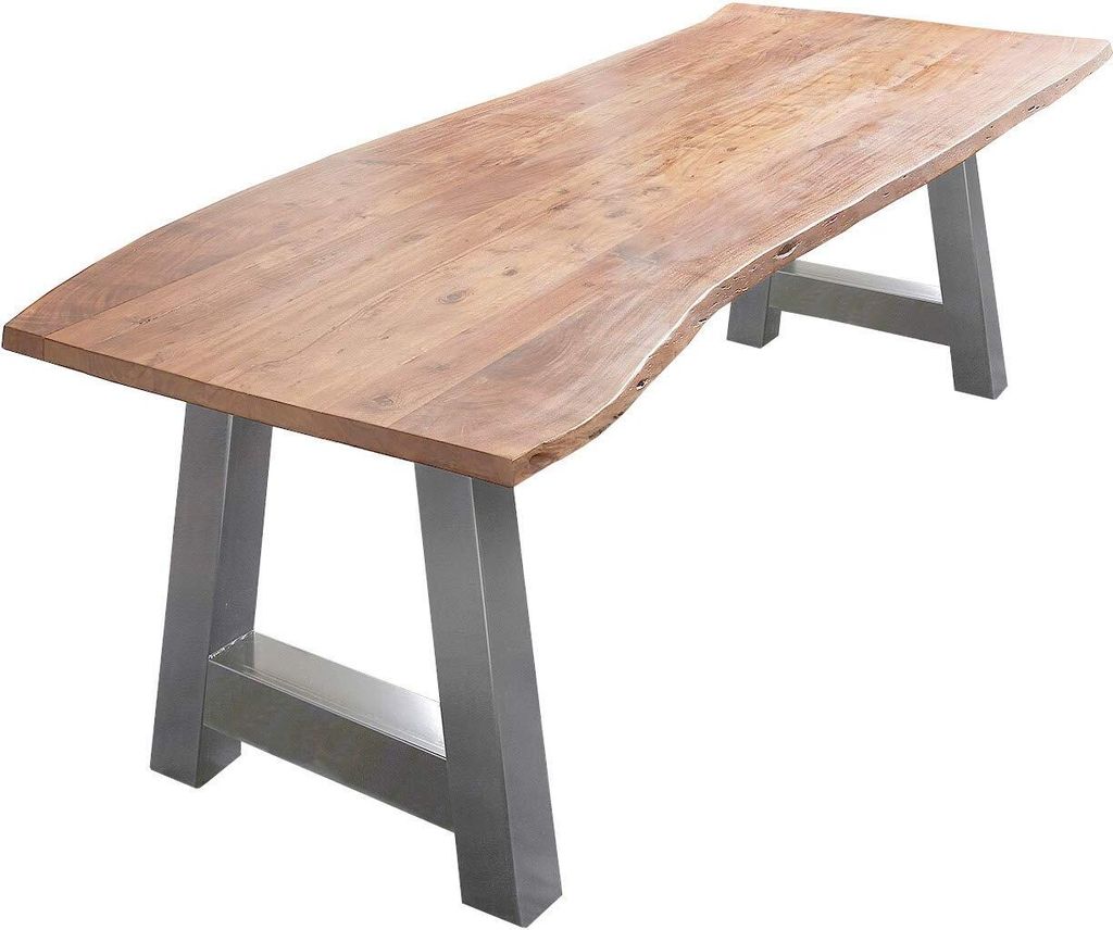 Esszimmertisch 240x100 cm Athen, Baumkantentisch naturfarben, Akazienholz massiv, A-Gestell aus Metall Silber