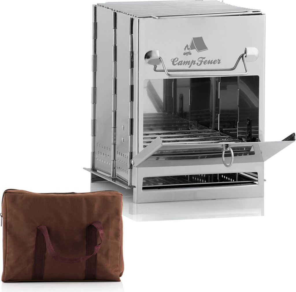 A stainless steel folding grill and a brown canvas carrying bag are shown against a white background.