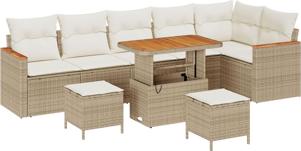Möbel 9-teiliges Garten-Sofa-Set mit Kissen Beiges Poly-Rattan Akazie, 3-teiliges Garten-Ess-Set mit Kissen Beiges Poly-Rattan Akazie - Gartensofa...