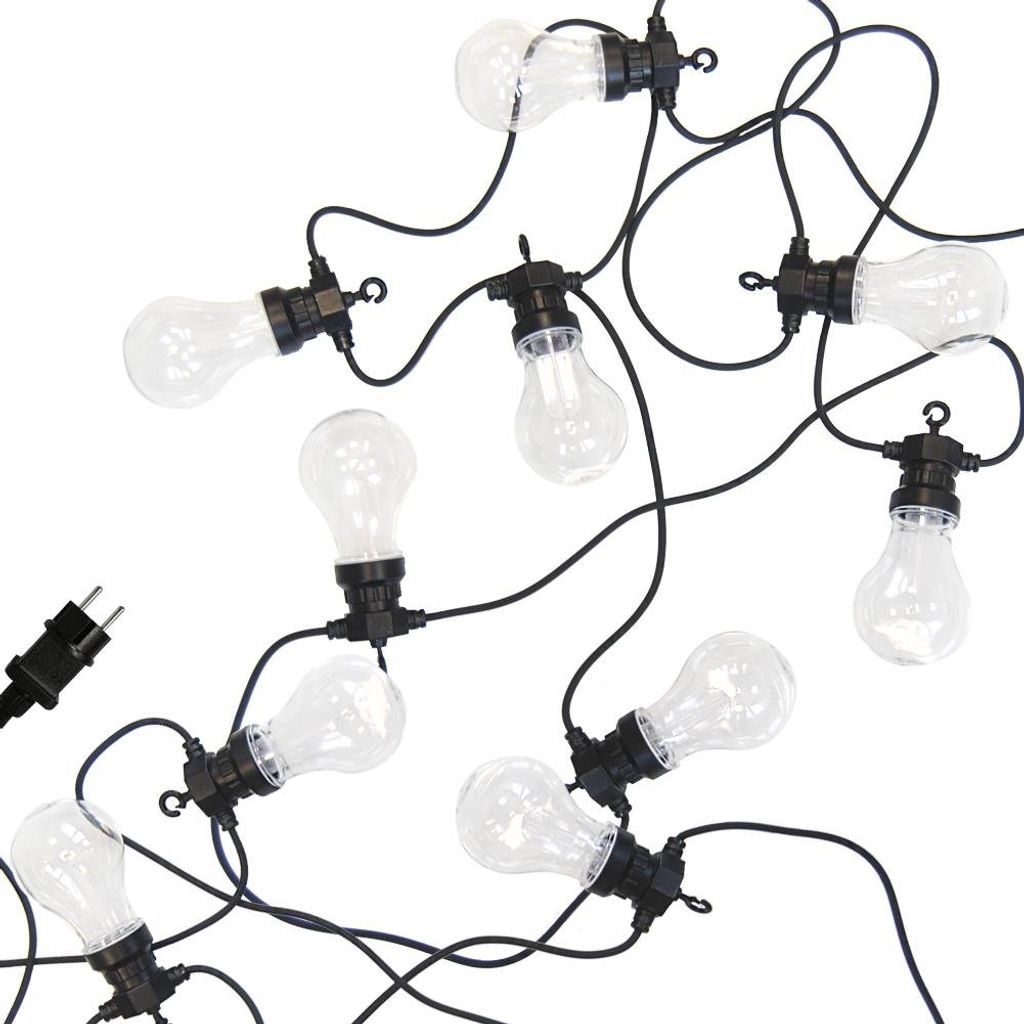 A string of clear LED light bulbs with black cords and sockets, against a white background.
