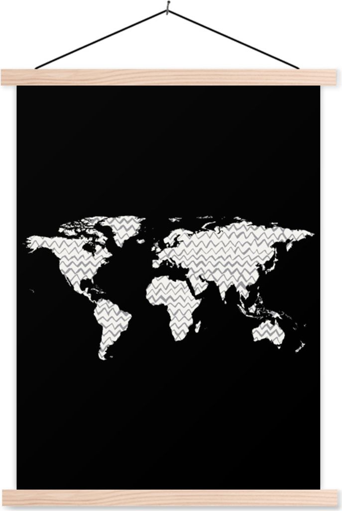MuchoWow Textilposter Weltkarte - Design - Dreieck 60x80 cm mit holzfarbenen Rahmen - Wandbild