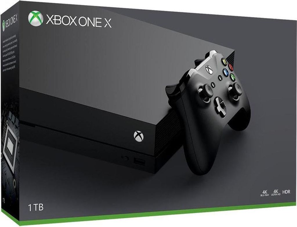 The image shows the retail packaging of an Xbox One X console with a controller.