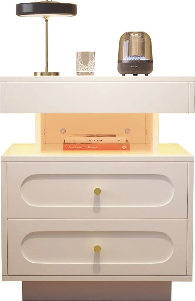 Commode de nuit blanche à LED avec compartiment ouvert et double tiroir - 13