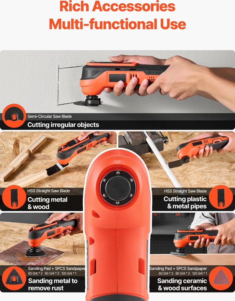 Utensile oscillante a batteria SucceBuy, sega multifunzione da 12 V con velocità a 6 livelli da 6000-17500 OPM, angolo di oscillazione di 3,2°, batteria e caricabatterie da 2,0 Ah, set di accessori da 8 pezzi e luce da lavoro a LED - 2