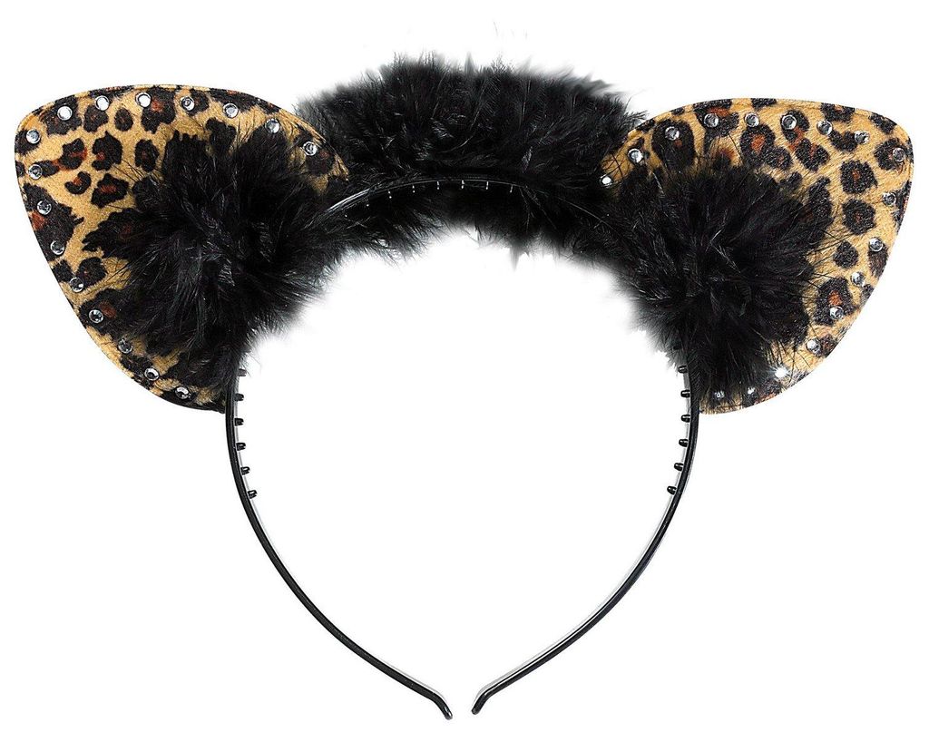 Haarband met luipaardoren, versierd met strass en veren Productafbeelding 