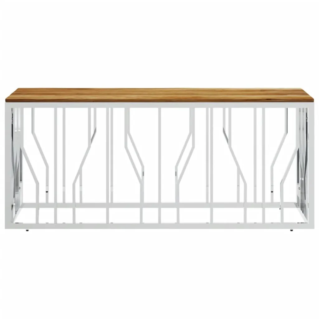 Table Basse Luxe Acier Inoxydable Argenté et Plateau Acacia Véritable - 3