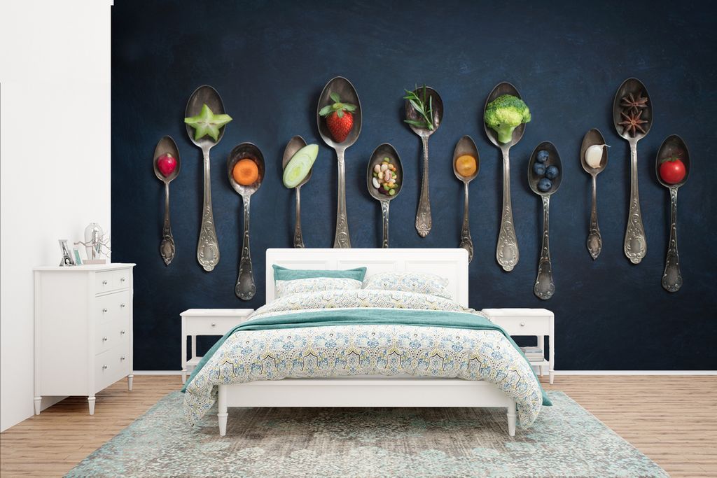 MuchoWow Fototapete für Wohnzimmer oder Schlafzimmer Wandtapete Vinyl Motivtapete Kräuter - Löffel - Silber - Gewürze - Industriell - 435x260...