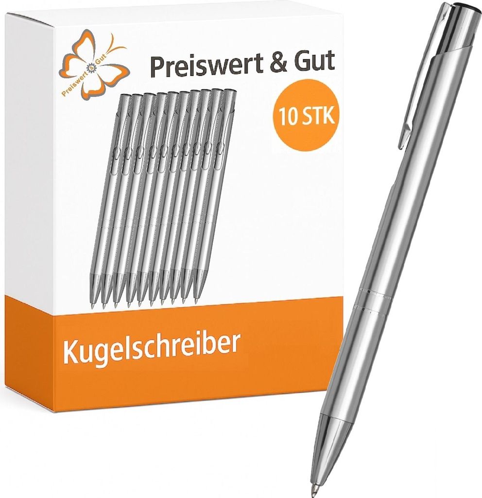 10x Kugelschreiber Hochwertig 13,7cm Silber Aluminium blaue Produktbild 