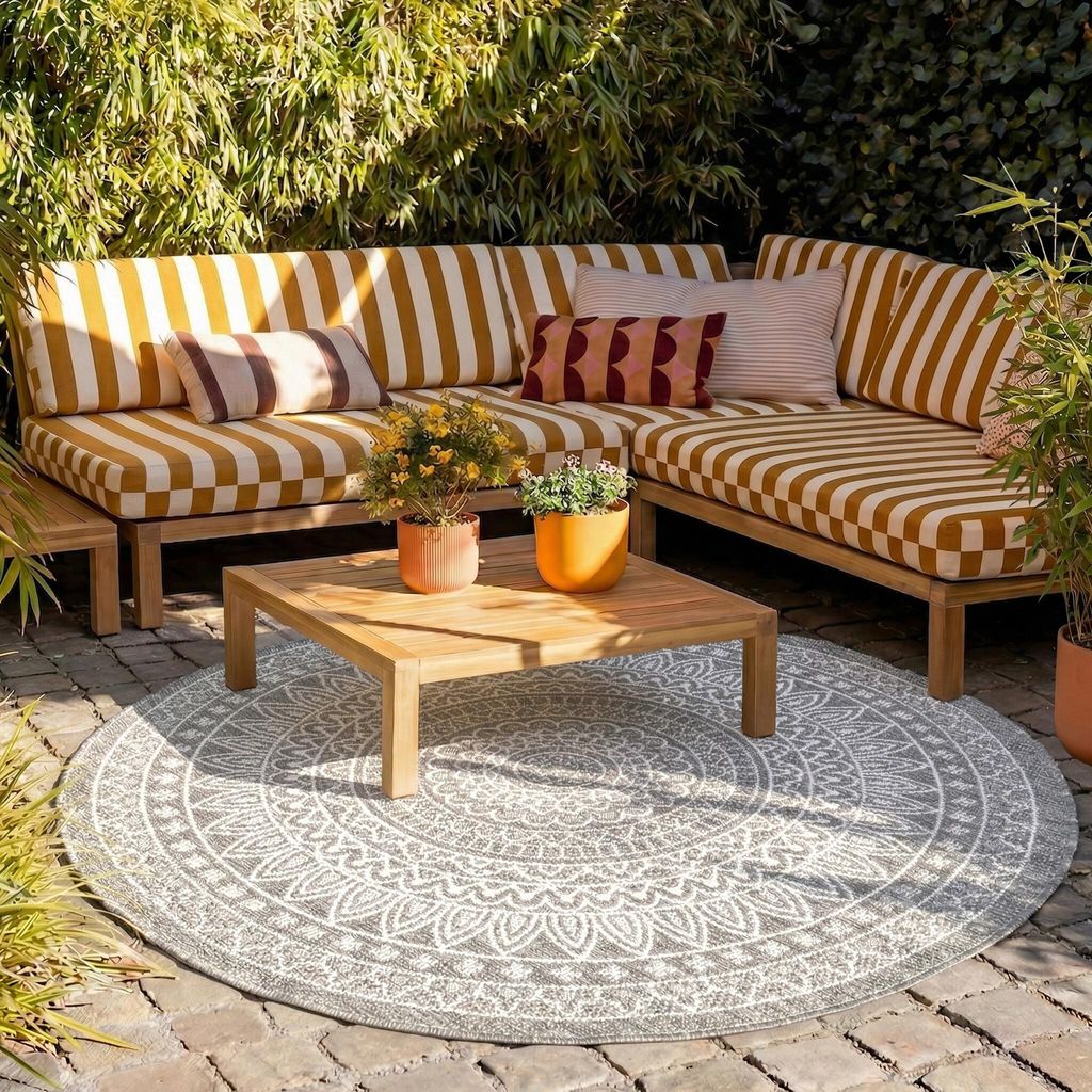 Volero - Outdoor Teppich Rund - Summer Azteca Hellgrau - Ø 160 cm - Balkon, Garten, Terrasse - Boho, Ländlich, Modern