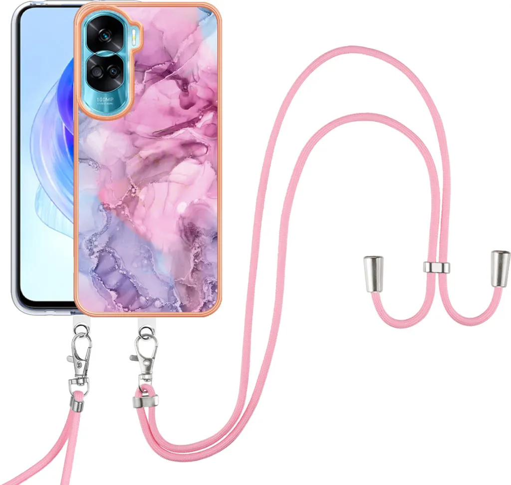 Custodia con cinturino per Honor 90 Lite 5G, bumper in TPU a fantasia, custodia protettiva con cinturino regolabile Rosa