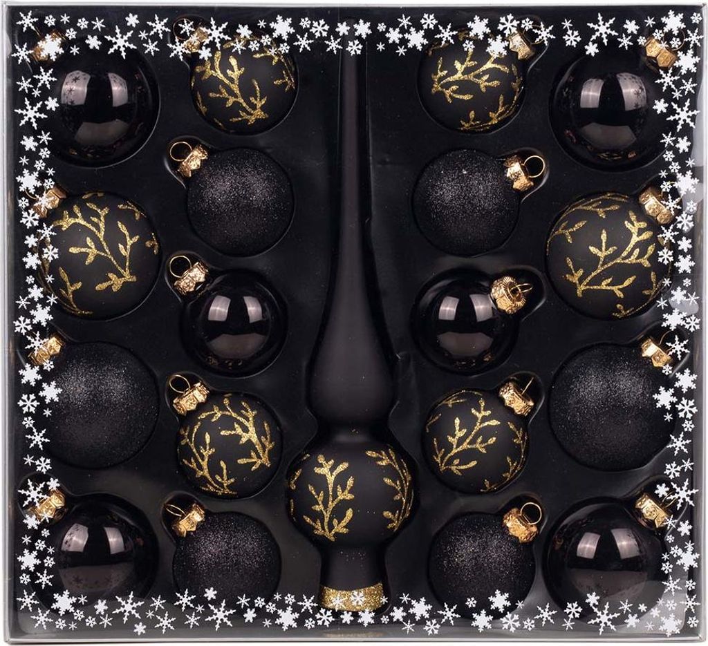 A set of black Christmas ornaments and a tree topper in a box.