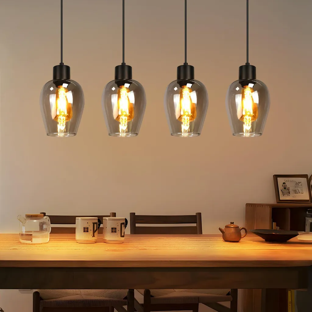 Lustre Suspension Vintage 4 Lampes en Verre et Métal Noir pour Cuisine