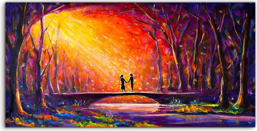 Coloray Spritzschutz aus Glas 140x70 Wandkunst Küchenrückwand Paar auf der Brücke im Wald bei Nacht