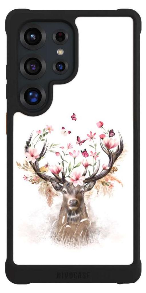 NIVOCASE Hülle für Samsung Galaxy S25 Ultra Stoßfeste Handyhülle NIVOmax Case Schwarz Blumen Hirsch Tiere