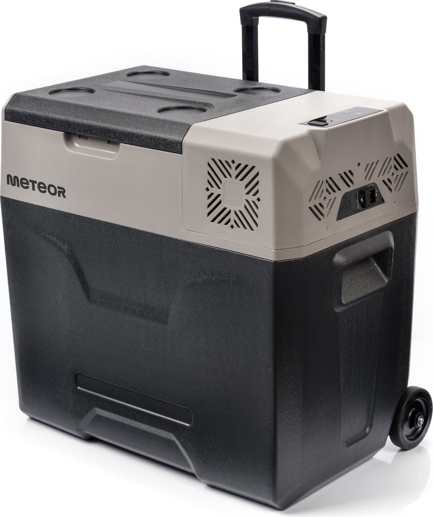 A portable cooler with a telescoping handle and wheels.