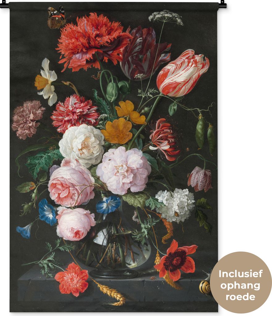 MuchoWow Wandteppich Wandbehang Stilleben mit Blumen in einer Glasvase - Gemälde von Jan Davidsz. de Heem 90x135 cm Tapisserie Dekoration Wandtu...