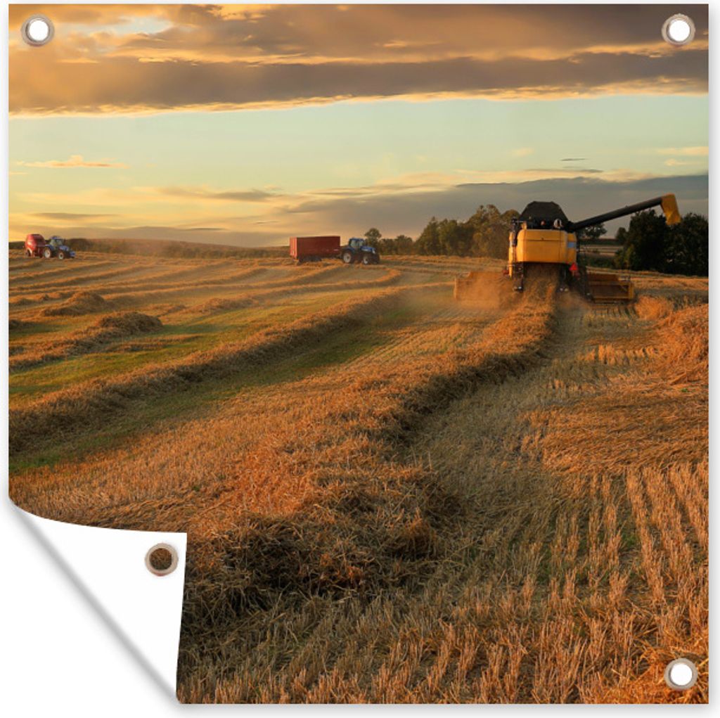 MuchoWow 100x100 cm Outdoor-Poster Gartendeko Sichtschutz Garten Poster für den Garten Traktor - Sonne - Wolken