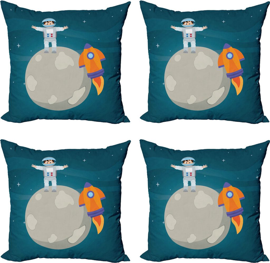 ABAKUHAUS Kindergarten Kissenbezug Set (4 Stück), Glücklicher Astronaut auf Mond, Moderner Doppelseitiger Digitaldruck, 50 cm x 50 cm, Petrol Bla...