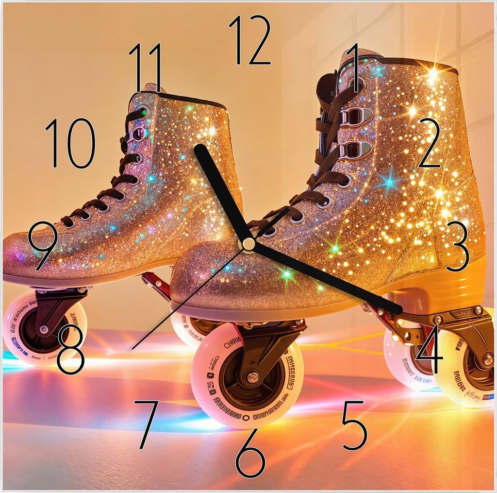 Wanduhr aus Glas mit Motiv Glitzer Rollschuhe- 30 x 30 cm - inkl. Aufhängesystem