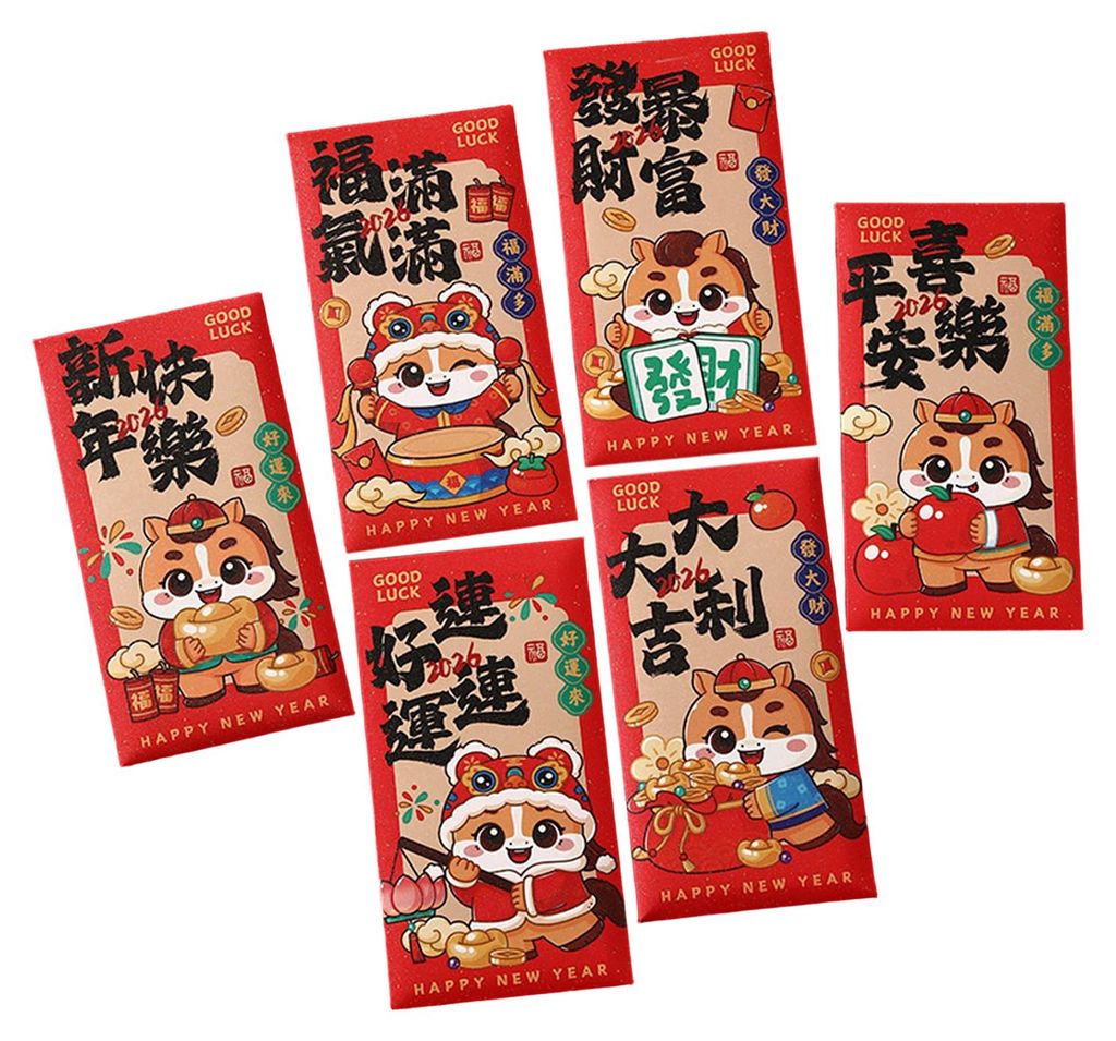 6 rote Umschläge zum Chinesischen Neujahr 2026 (Jahr des Pferdes) – Glücksgeld-Päckchen (Rote Hong Bao) für das Frühlingsfest und das Mondne...