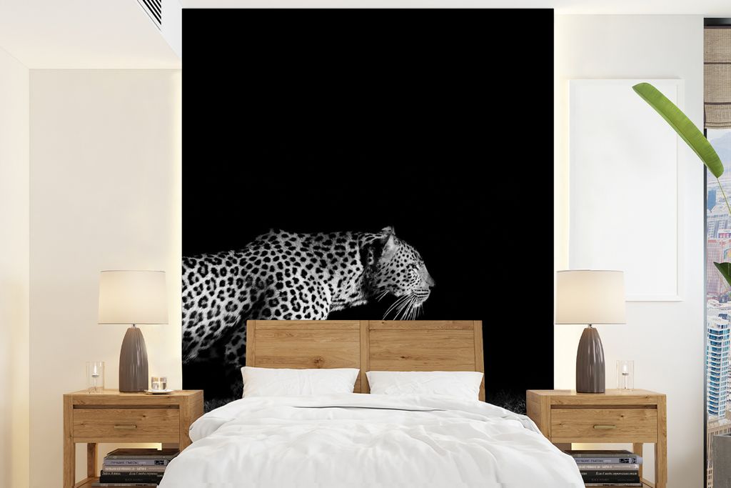 MuchoWow Fototapete für Wohnzimmer oder Schlafzimmer Wandtapete Vinyl Motivtapete Wildtiere - Leopard - Gras - Schwarz - Weiß - 165x220 cm - Wa...