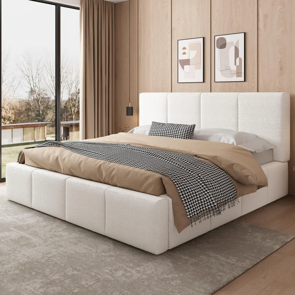 Grand lit jeune 180x200cm beige bouclé pour chambre adulte avec sommier