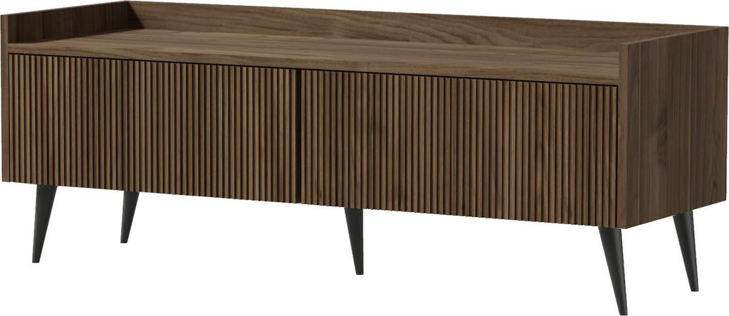 TV-Lowboard 120 cm mit Rillenfronten & hohen Metallfüßen – Fernsehschrank mit Stauraum und Kabelmanagement in Braun Walnuss Holzoptik – Mini...