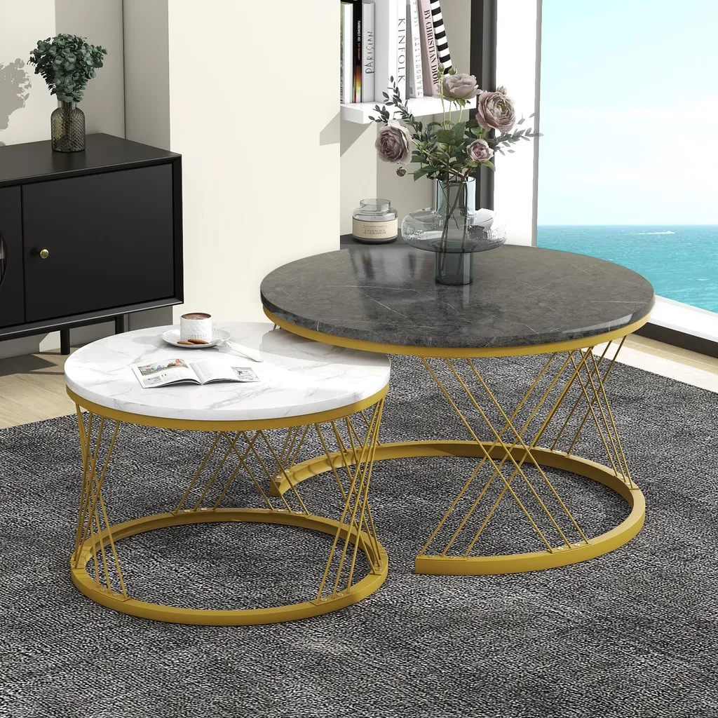 Okwish Table Basse Gigogne Effet Marbre Blanc et Gris Lot de 2