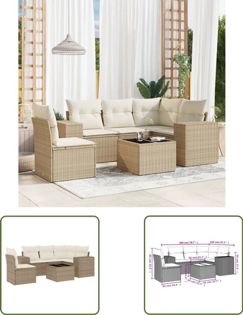The Living Store 6-tlg. Garten-Sofagarnitur mit Kissen Beige Poly Rattan