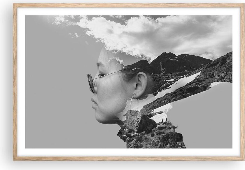 Gerahmtes Poster - Rahmen in heller Eiche - Frau modern schwarz und weiß - 91,5x61 cm - Wand Bild - Wanddeko - Wandbilder - Kunstposter - Wandpost...
