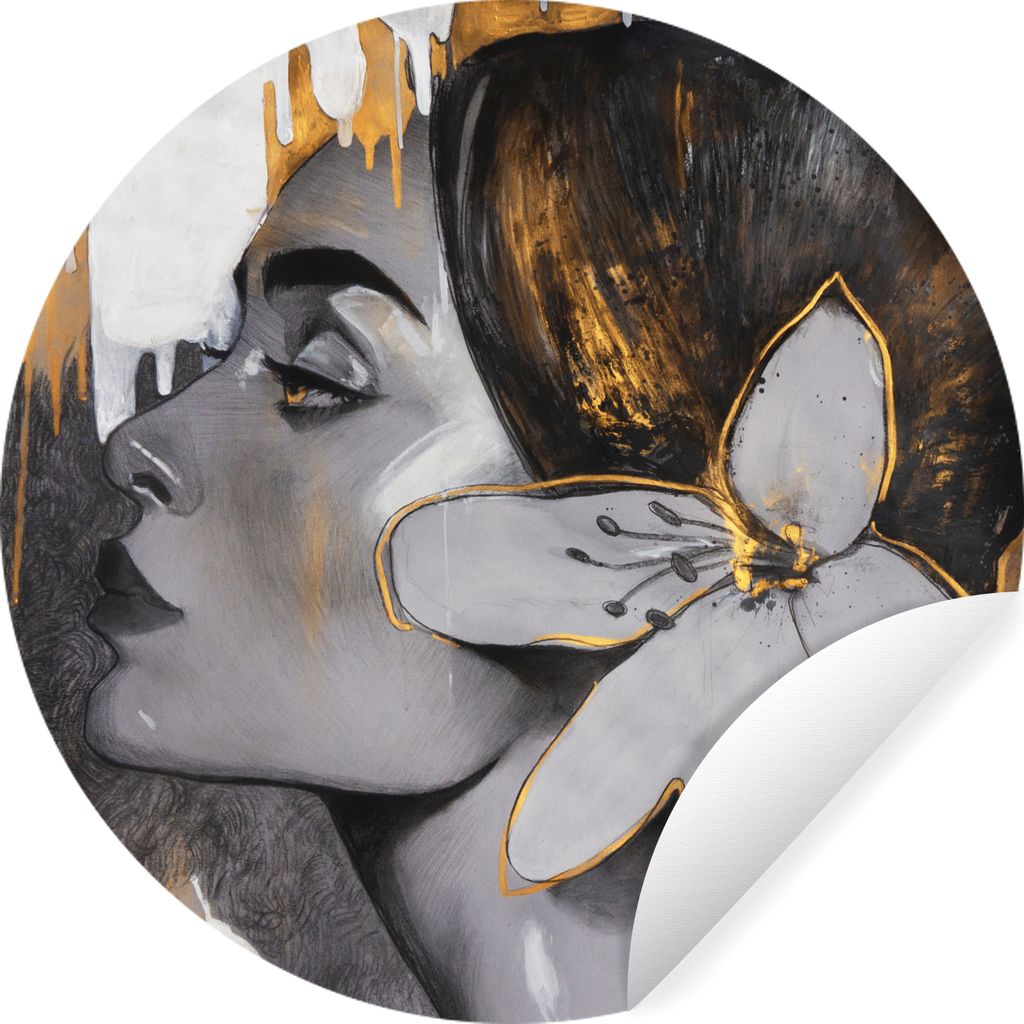 MuchoWow Runde Wandtattoo - Wandsticker Tapete Aufkleber Gemälde - Ölgemälde - Frau - Blume - Gold Ø 100 cm Selbstklebend und Repositionierba...
