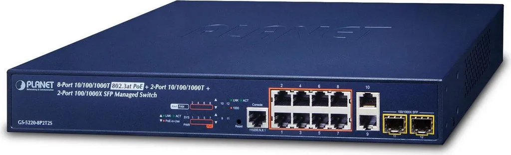 Switch manageable PoE+ 240W PLANET GS-5220-8P2T2S avec ports SFP