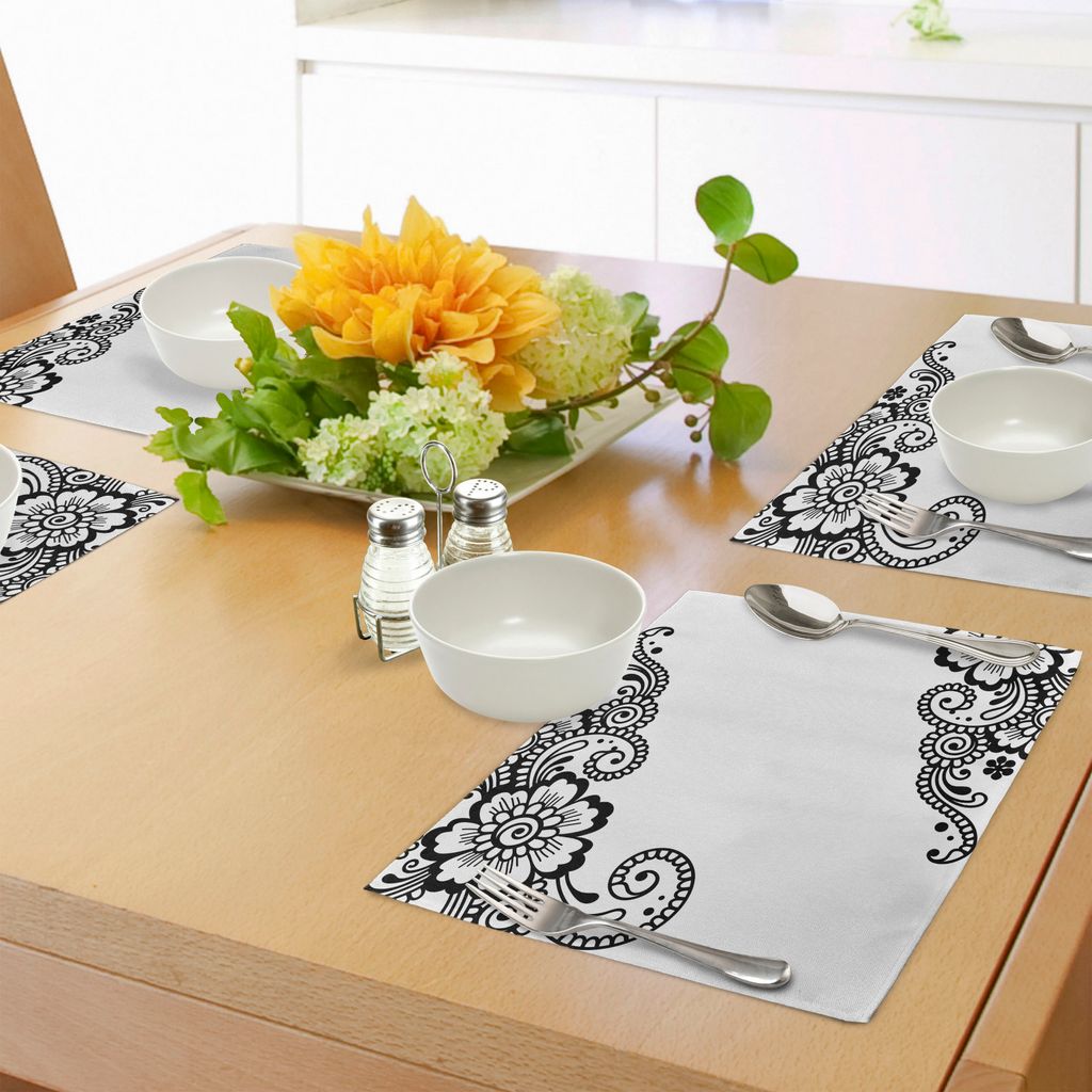 ABAKUHAUS Henna Platzmatten, Floral Ecke Ornamente mit wirbelt und Blüten Monochrome Folkloric Inspirations, Tiscjdeco aus Farbfesten Stoff für d...