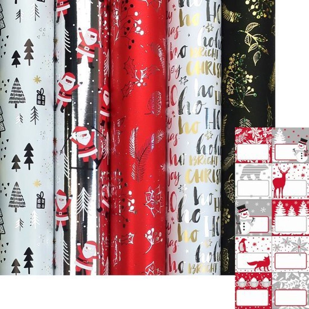 CHAMONIX – Metallic-Weihnachtspapier-Sortiment Geschenkpapier – 150 x 70 cm – 5 Rollen – inklusive Etiketten.