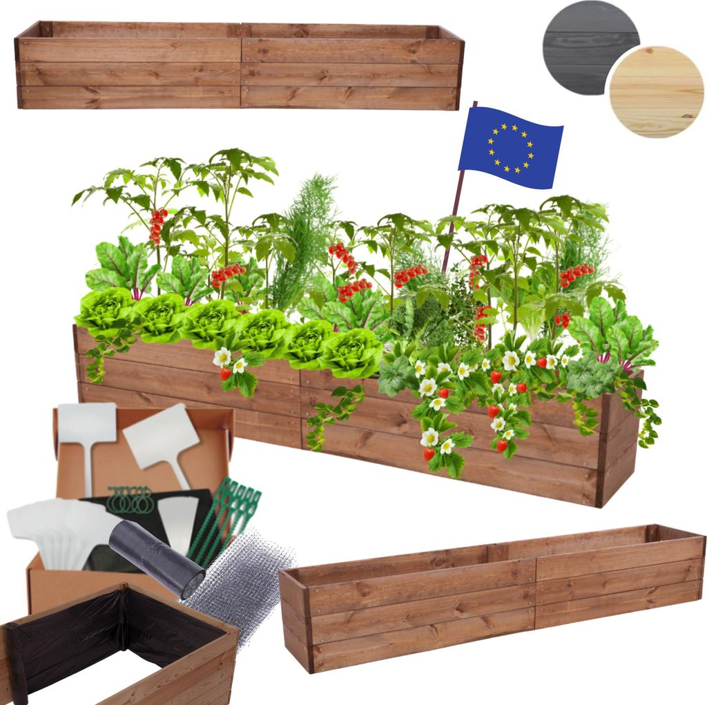 MODO24 Hochbeet Holz, Pflanzkasten, Massivholz, Kiefer, Kräuterbeet, Blumenkasten, Garten, Terrasse, 27x237x30 cm, Braun, ZP06