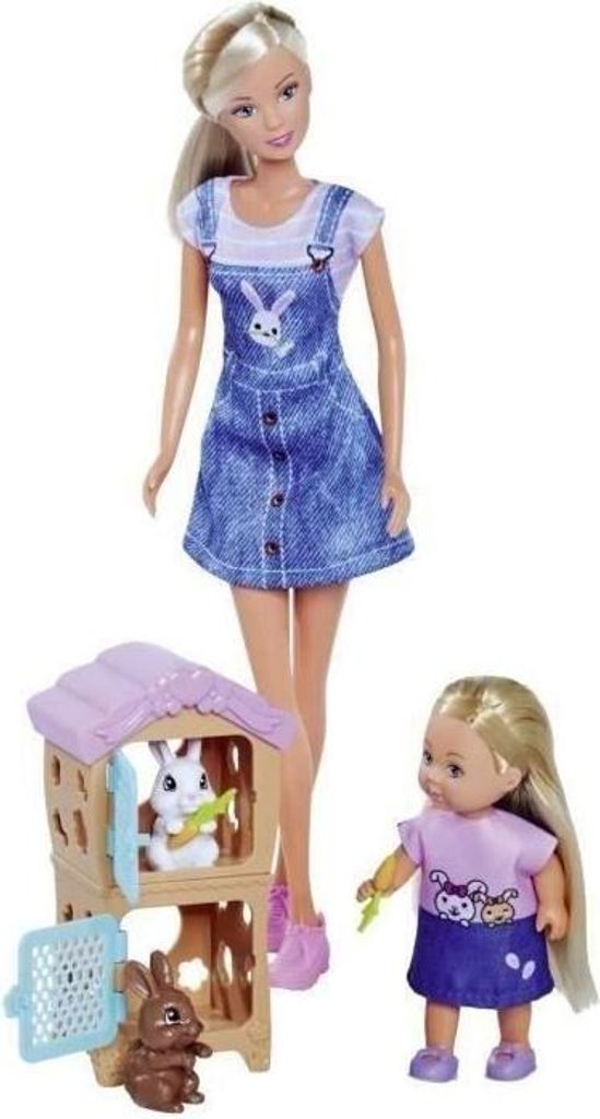 Steffi Love Puppe Familie mit Hase, Evi Love Puppe, 2 Hasenbabys, Karotten Zubehör, Ab 3 Jahren