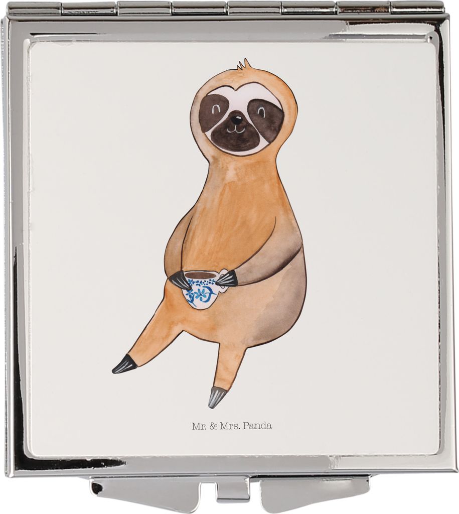 Mr. & Mrs. Panda Handspiegel Faultier Kaffee - Weiß - Geschenk, Kosmetikspiegel, klappbar, Coffeelover, Frauen Spiegel, Quadratischer, Schminkspie...