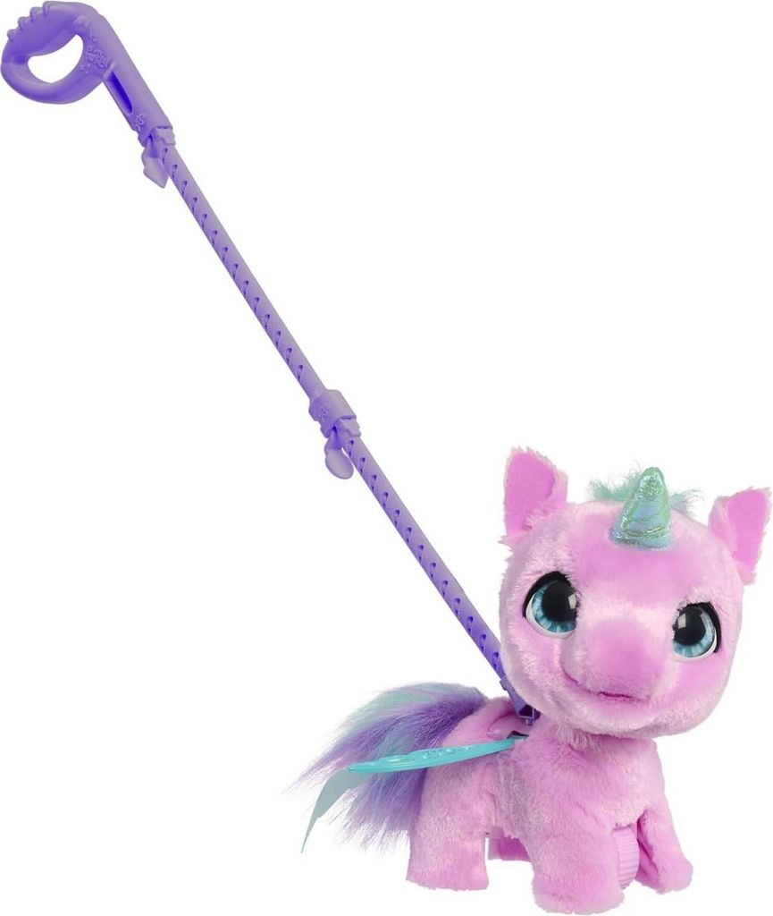 A pink plush unicorn toy with a purple leash and handle against a white background.