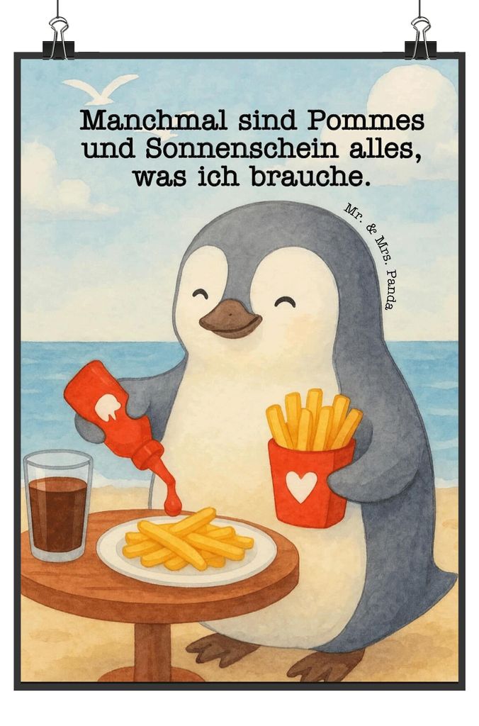Mr. & Mrs. Panda Bild Pinguin Pommes Design DIN A4 - Weiß - Geschenk, Wandbild, drucke, Hochzeitstag, wanddeko, für Frauen, Freundin, Deko, Freun...