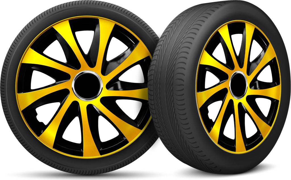 Auto Radkappen Radzierblenden 4er Set passend für alle Stahlfelgen - einstellbarer Sicherungsring - 14 Zoll - Gold Schwarz