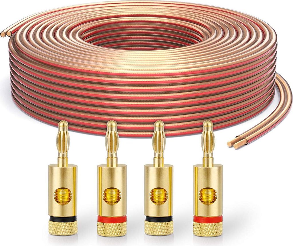 A coiled speaker cable and four banana plugs are displayed against a white background.