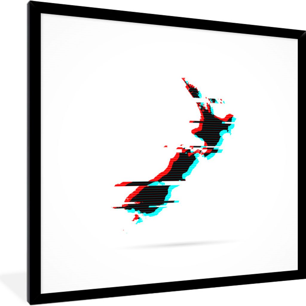 MuchoWow Gerahmtes Poster Eine Illustration einer Karte von Neuseeland mit schockierender Wirkung 40x40 cm - Poster mit Schwarzem Bilderrahmen Wa...